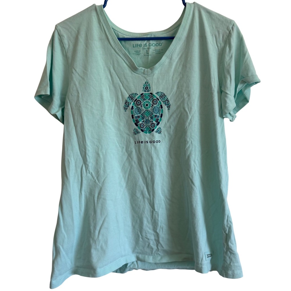 Life is good women's v neck cotton blue teal large turtle beach t shirt